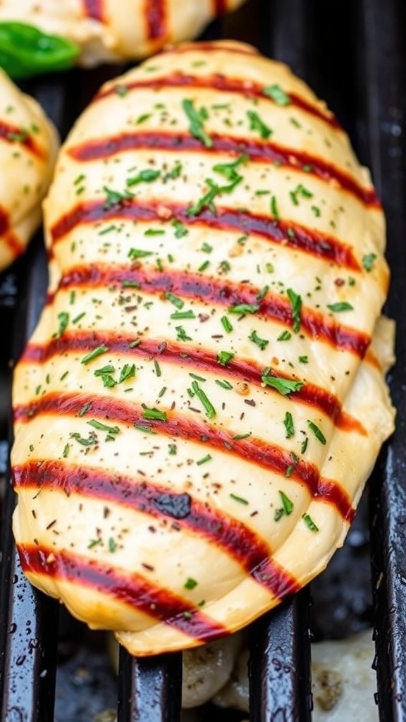 Grilled boneless skinless chicken breast with Italian herbs on a grill
