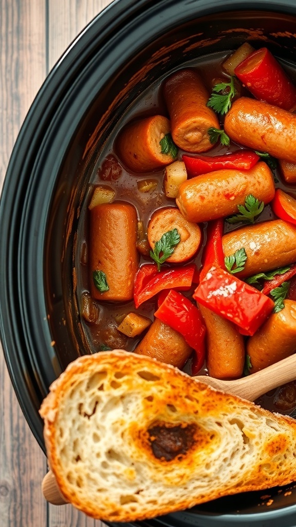 A crockpot filled with Italian sausage and peppers, garnished with fresh herbs and served with a slice of toasted bread.