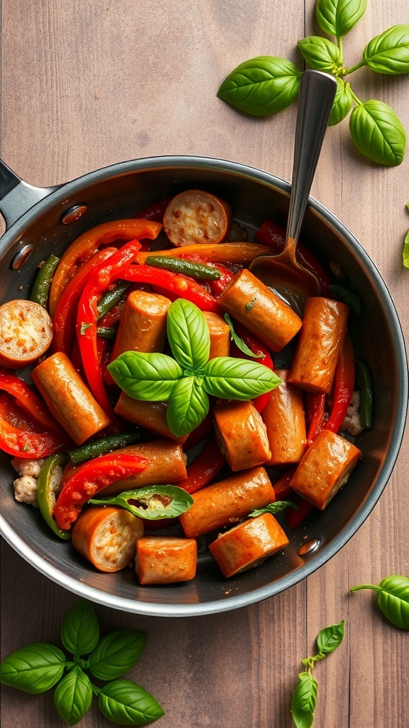 A skillet filled with Italian sausage and colorful bell peppers, garnished with fresh basil.