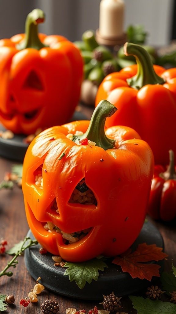 Jack-o'-lantern stuffed peppers on a wooden table, carved with spooky faces and filled with colorful ingredients.