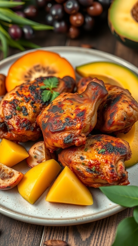 Grilled Jamaican jerk chicken thighs served with mango slices