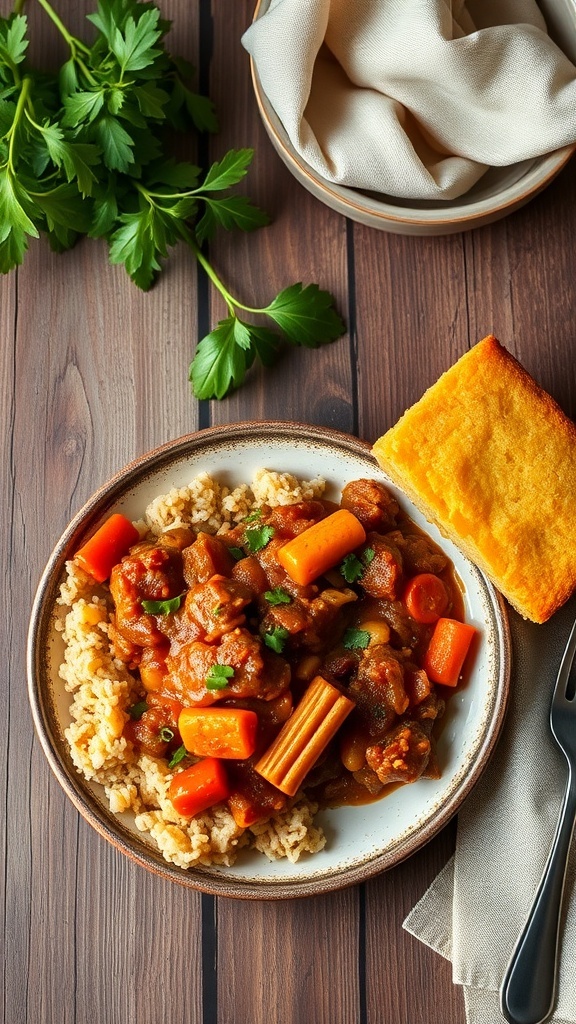 A plate of jambalaya with cornbread on the side, garnished with parsley.