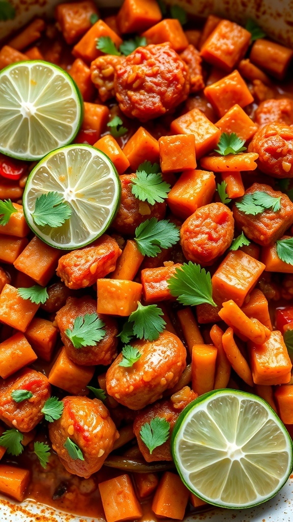A colorful dish of jambalaya with sweet potatoes, sausage, and lime slices, garnished with cilantro.