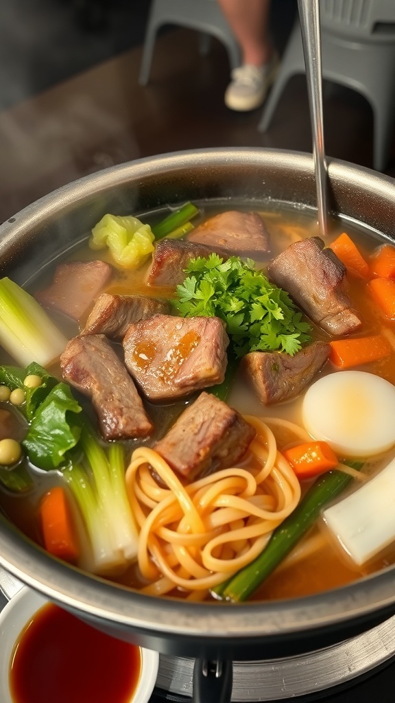 A pot of Japanese Beef Sukiyaki with beef, vegetables, and noodles