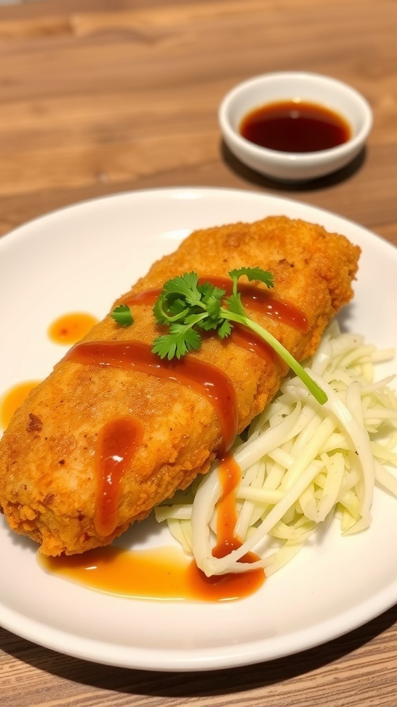 A plate of Japanese Chicken Katsu with shredded cabbage and sauce.