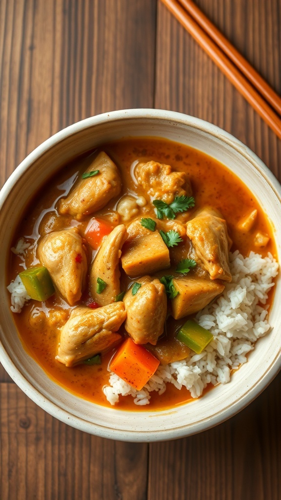 A bowl of Japanese curry rice with chicken and vegetables