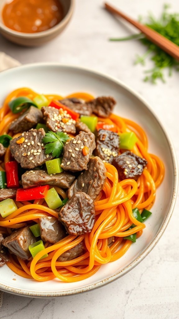 A plate of Japchae, featuring sweet potato noodles, beef, and colorful vegetables.