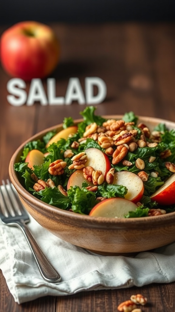 A bowl of kale and apple salad with nuts, with an apple in the background and the word 'SALAD' displayed.