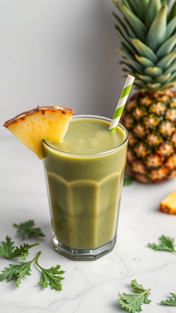 A refreshing kale and pineapple smoothie in a glass with a pineapple slice and a green straw, surrounded by fresh kale leaves and a whole pineapple.