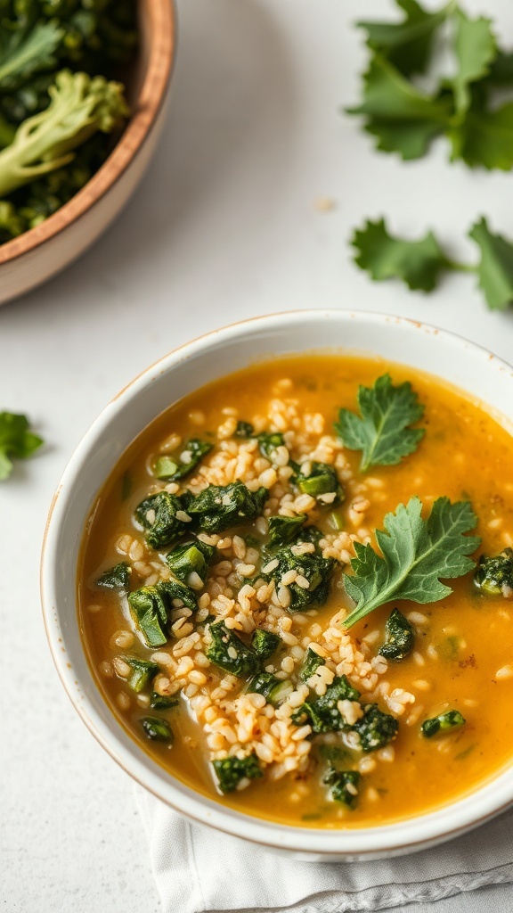 A bowl of kale and quinoa soup garnished with fresh greens, surrounded by leafy kale.