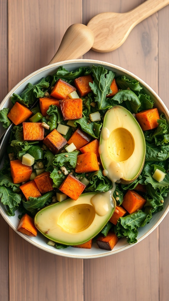A bowl of kale and sweet potato salad with avocado slices on top.