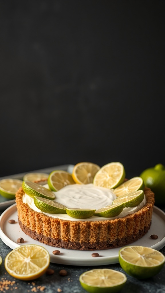 A delicious Key Lime Pie with a graham cracker crust, topped with lime slices.