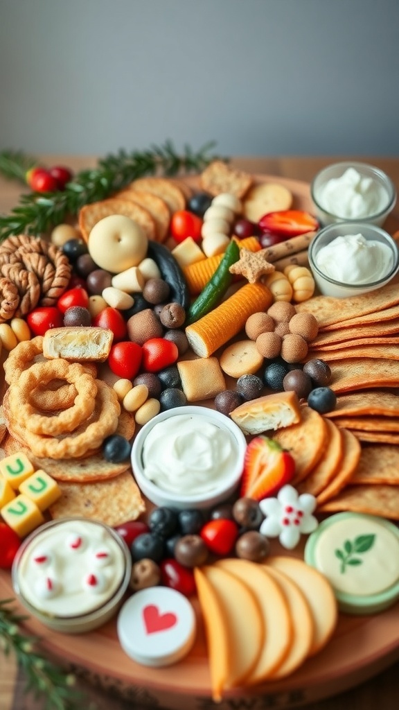 A colorful Christmas charcuterie board filled with kid-friendly snacks like cheese, crackers, fruits, and sweet treats.