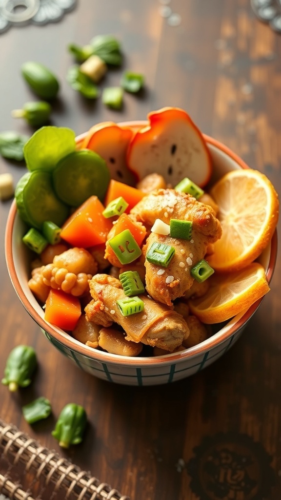 A colorful bowl of Bang Bang Chicken with cute characters, featuring chicken, tofu, and veggies.