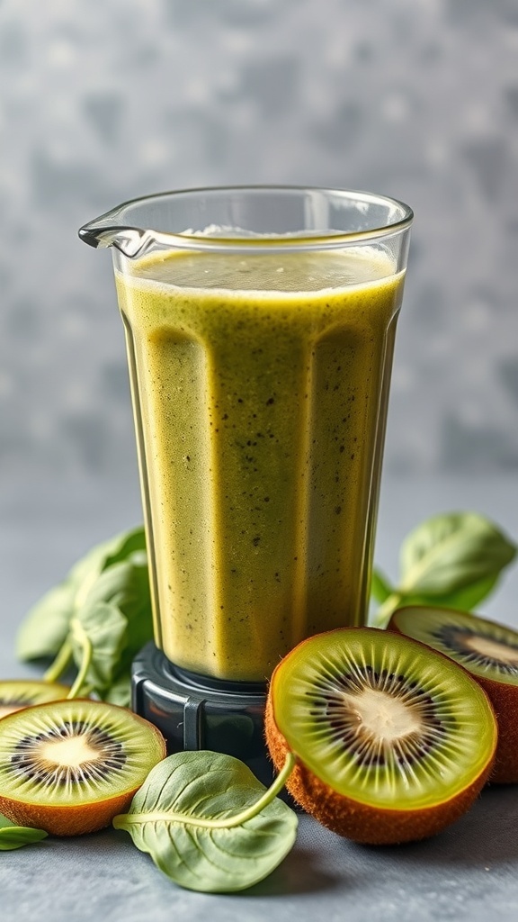 A glass of Kiwi Spinach Power Boost smoothie with fresh kiwi slices and spinach leaves.