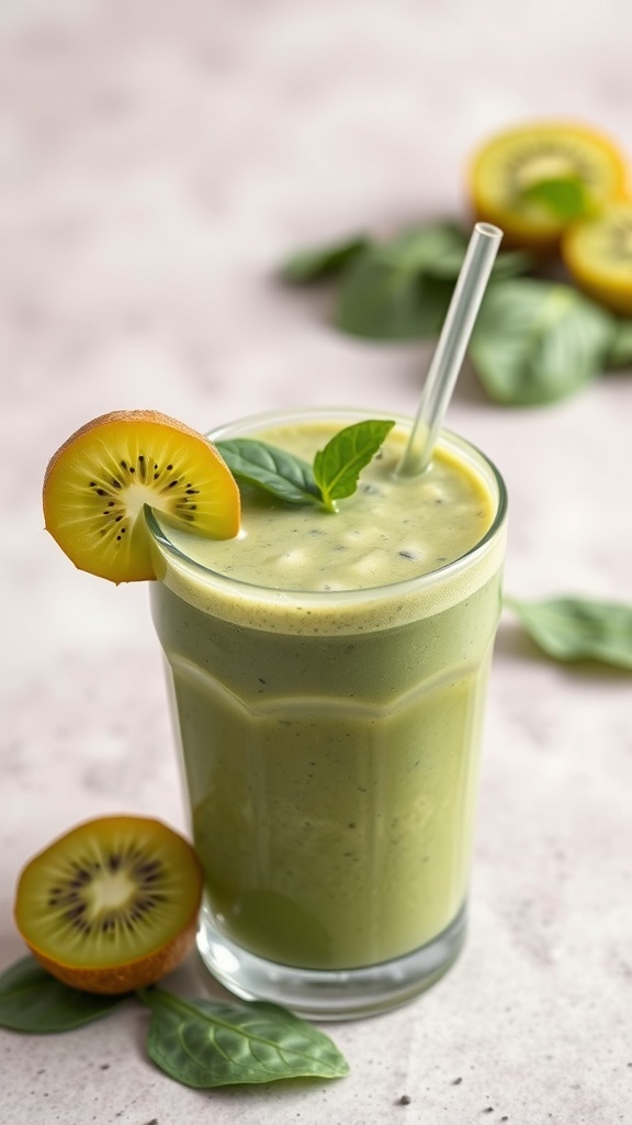 A refreshing kiwi spinach smoothie in a glass with a slice of kiwi on the rim, surrounded by fresh spinach leaves.