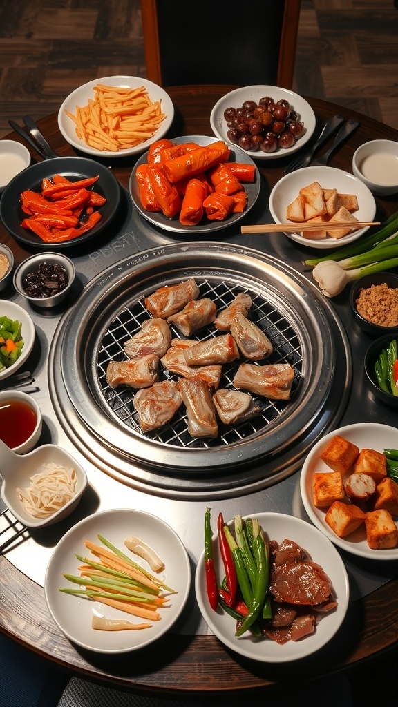A table set for Korean BBQ with grilled meats and various side dishes.