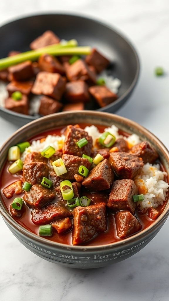 A bowl of Korean BBQ Beef Chili topped with green onions, served with rice.