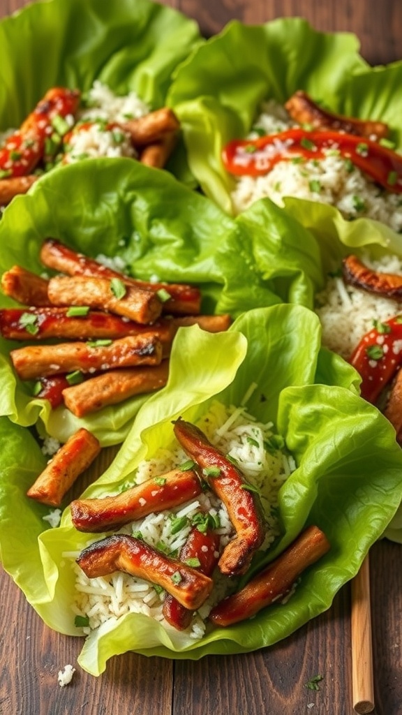 Korean BBQ lettuce wraps with grilled meat, rice, and sauce in fresh lettuce leaves