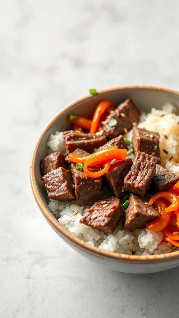A bowl of Korean beef with rice and colorful vegetables