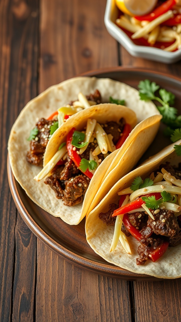 Korean beef tacos with fresh vegetables on a wooden table