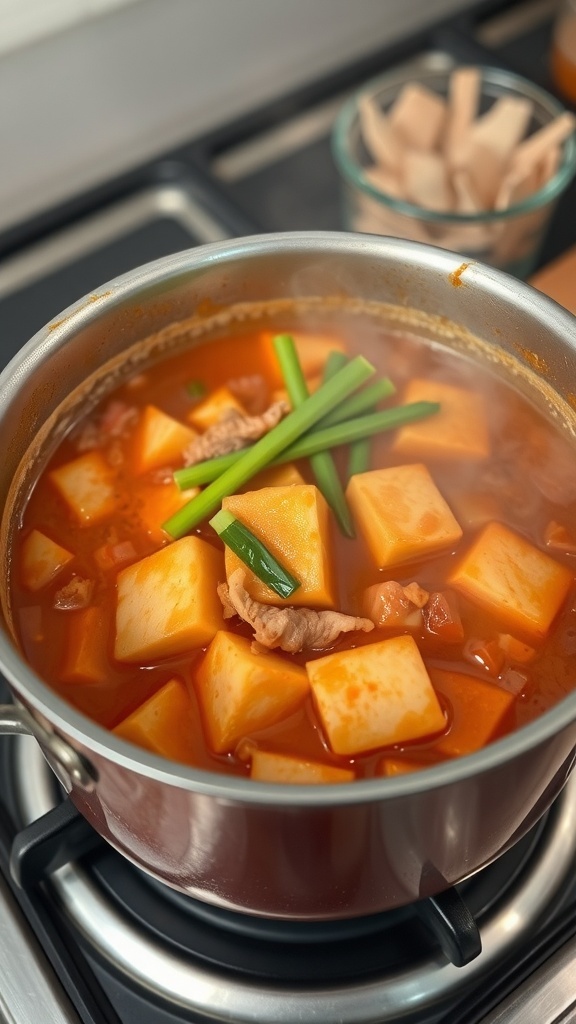 A pot of Korean Kimchi Stew with tofu and green onions