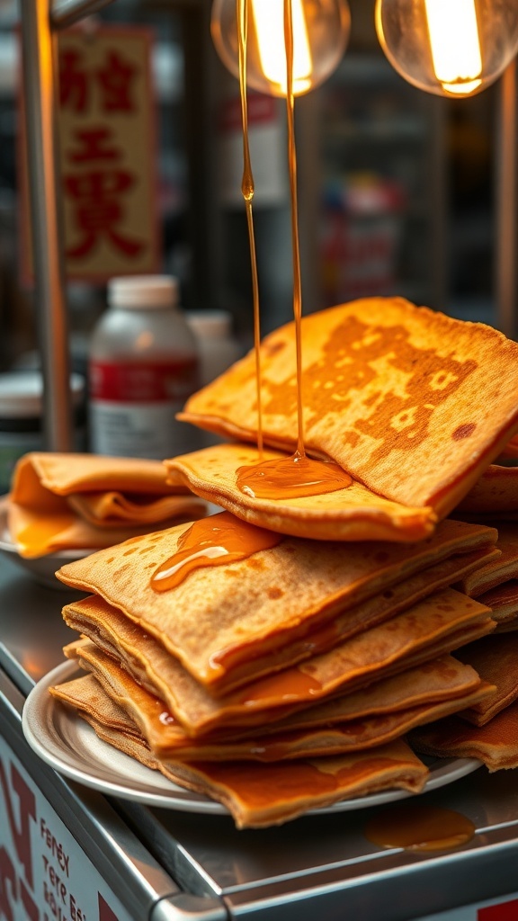 A stack of hotteok pancakes drizzled with syrup, showcasing their golden-brown color and delicious filling.