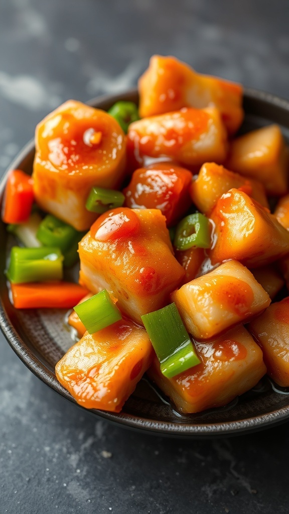 A bowl of Tangsooyuk, featuring pieces of sweet and sour pork with colorful vegetables.