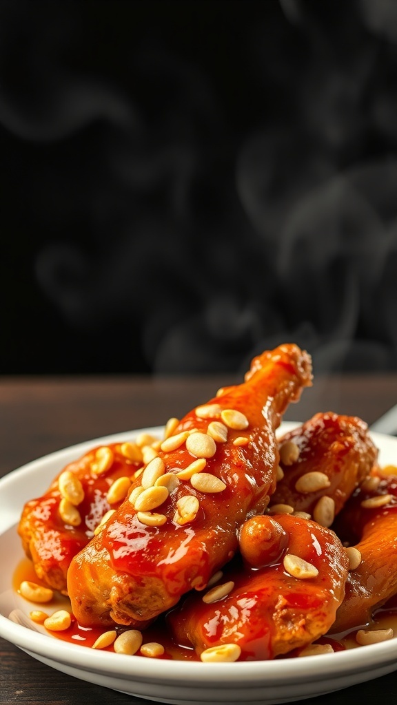 Plate of Korean sweet and spicy chicken with peanuts