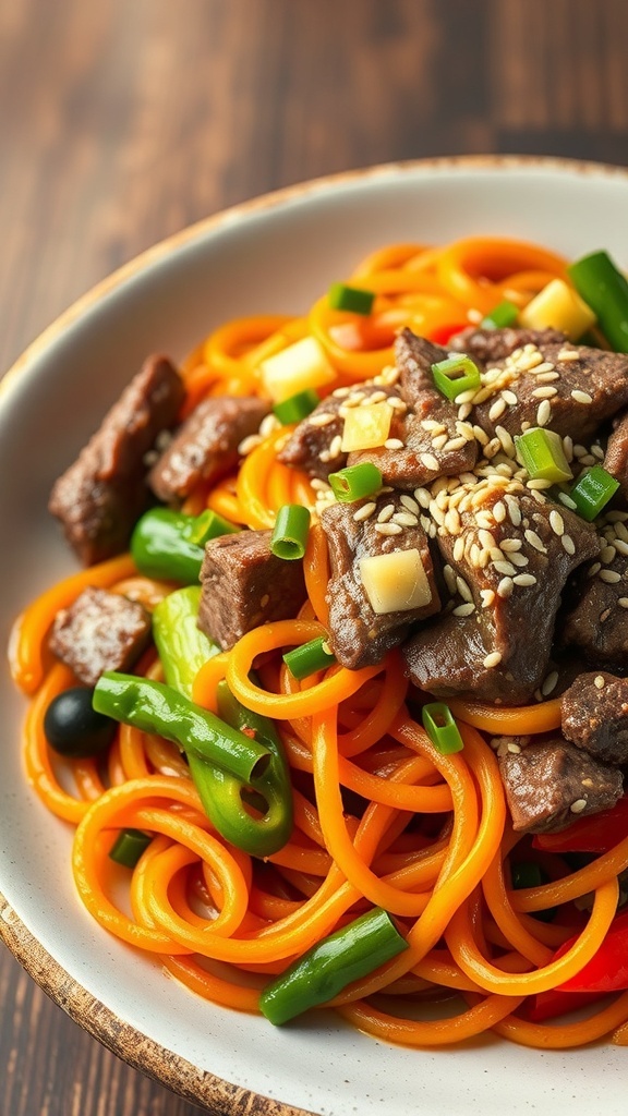 A plate of Japchae, featuring sweet potato noodles, beef, and colorful vegetables.