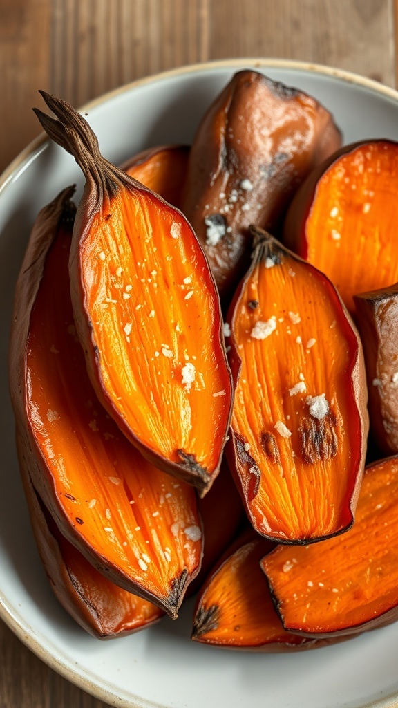 Roasted Korean sweet potatoes with a golden orange interior and charred skin on a plate.
