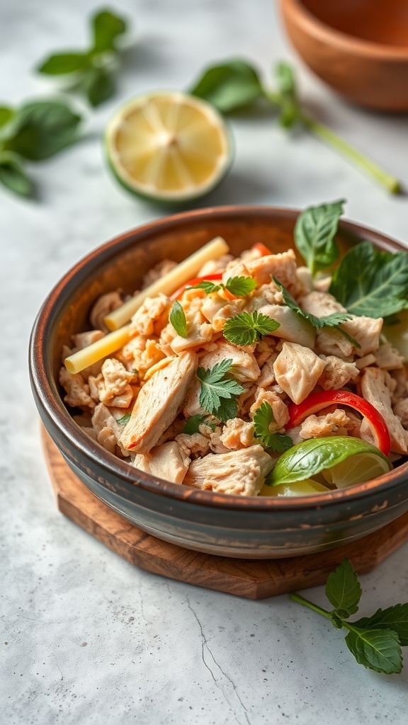 A bowl of Larb Gai, a Thai chicken salad with herbs and lime.
