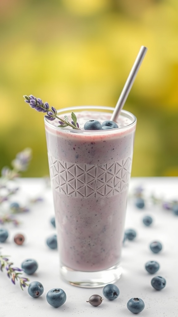 A glass of Lavender Blueberry Bliss smoothie with blueberries and lavender sprig