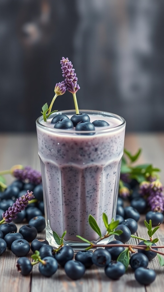 A glass of lavender blueberry smoothie topped with blueberries and a lavender sprig, surrounded by fresh blueberries on a wooden surface.