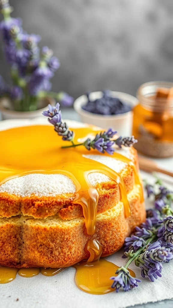 A beautifully decorated Lavender Honey Cake with honey glaze and lavender sprigs.