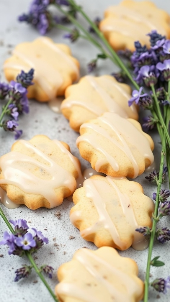 Lavender honey cookies decorated with a light glaze and surrounded by lavender sprigs.