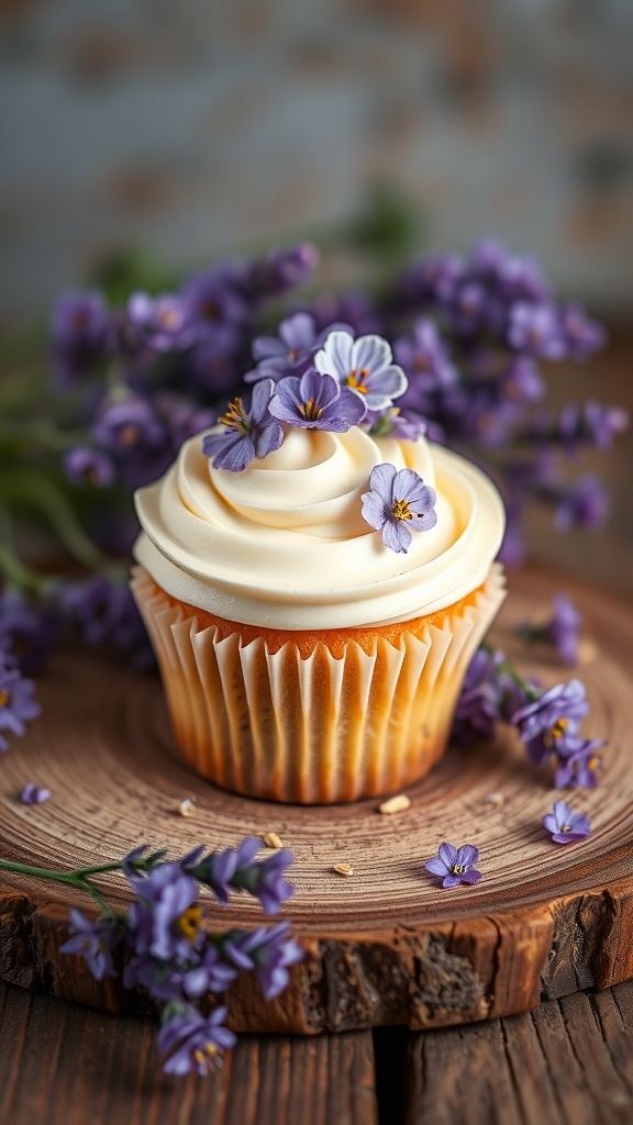 Lavender honey cupcake topped with creamy frosting and decorated with purple flowers
