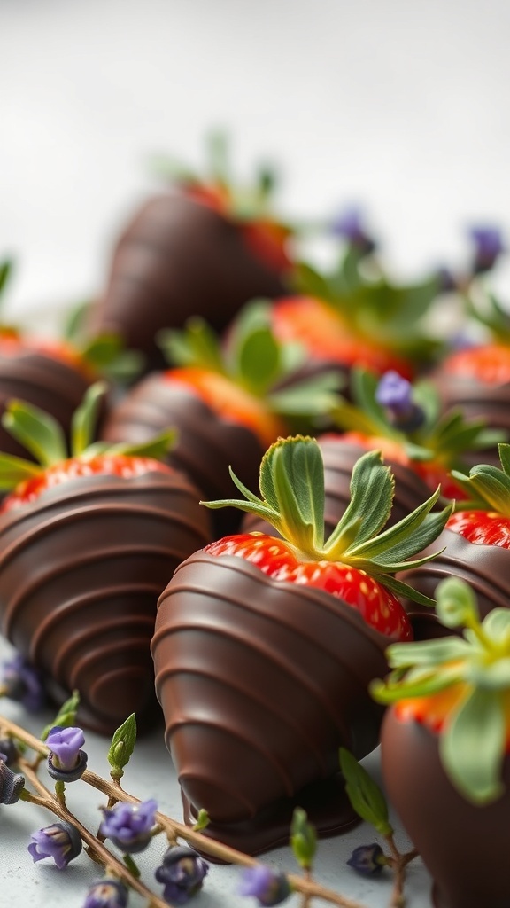 Lavender infused chocolate covered strawberries arranged beautifully