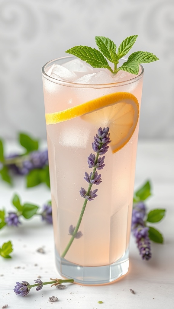 A refreshing glass of lavender infused lemonade with mint and lemon slice