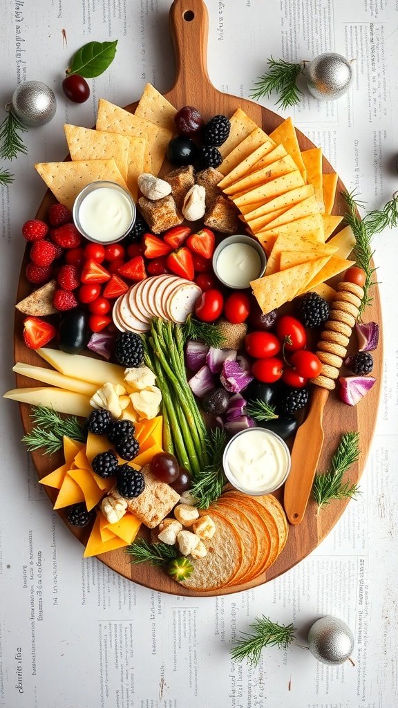 A beautifully arranged charcuterie board with various cheeses, meats, fruits, and crackers.