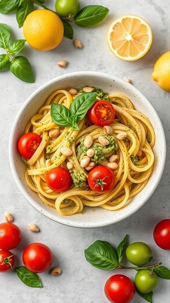 A bowl of Lemon Basil Pesto Linguine topped with cherry tomatoes and pine nuts, surrounded by fresh basil and lemons.