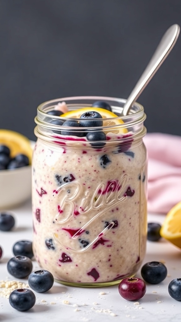 A jar of lemon blueberry overnight oats with fresh blueberries and a lemon slice on top.