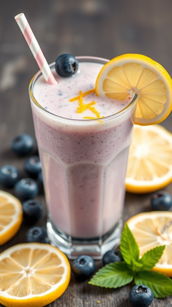 A refreshing lemon blueberry smoothie garnished with lemon slices and blueberries.