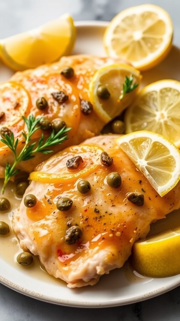 Lemon Butter Chicken Piccata with lemon slices and capers