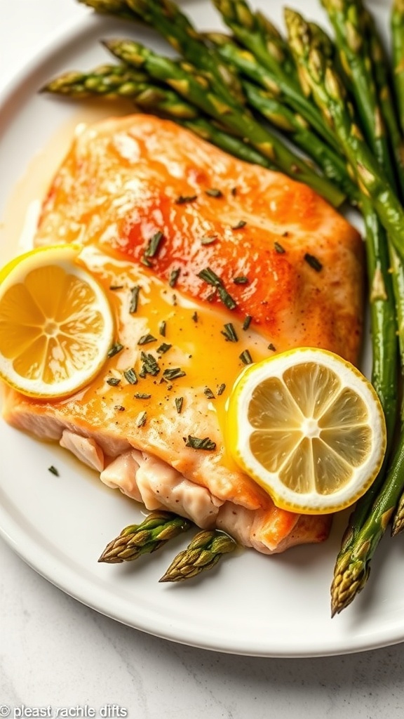 A plate of Lemon Butter Salmon with Asparagus, garnished with lemon slices and herbs.