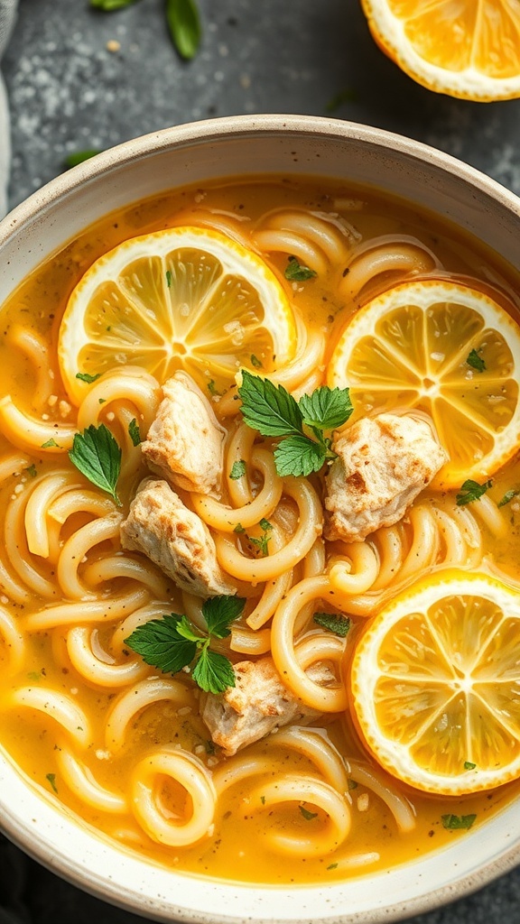 A bowl of Lemon Chicken Orzo Soup with lemon slices and parsley