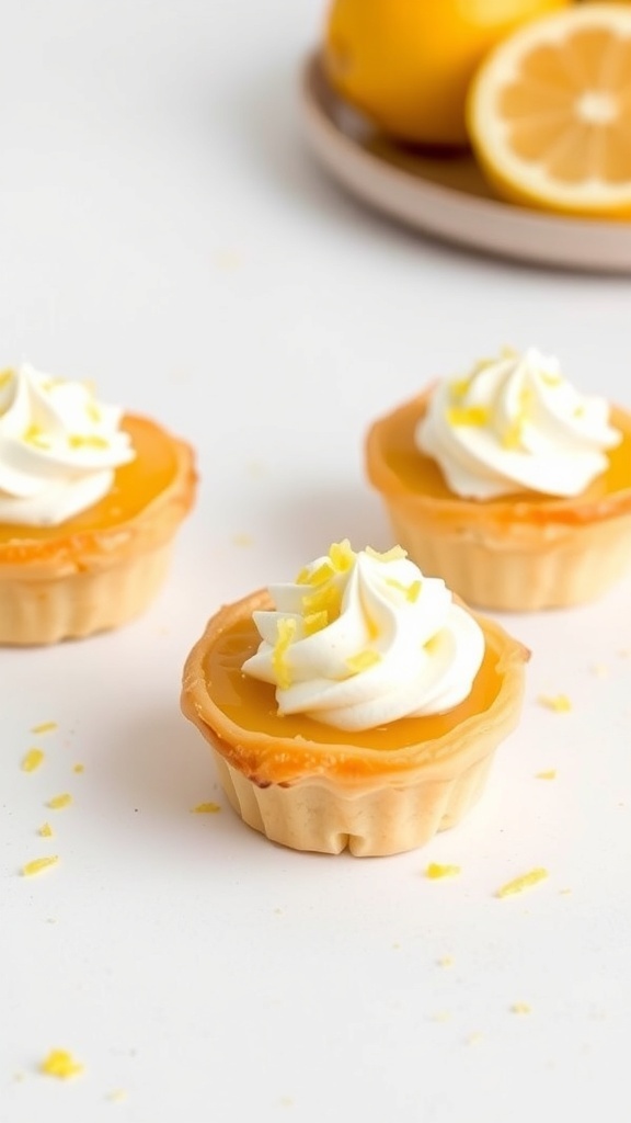 Three lemon curd puff pastry cups topped with whipped cream and lemon zest.