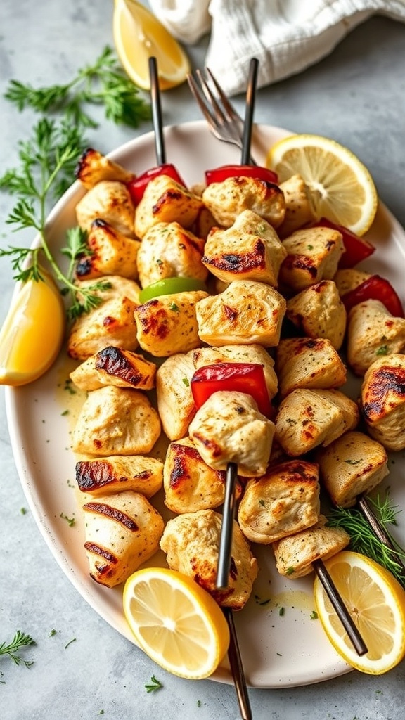Grilled lemon dill chicken skewers with bell peppers and lemon wedges on a platter.