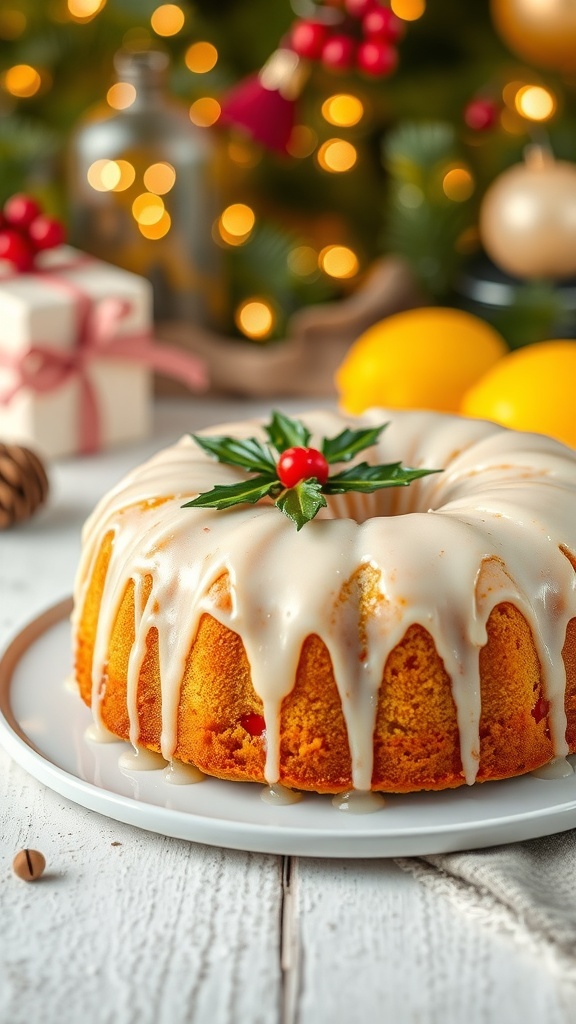 A beautiful lemon drizzle cake with holiday glaze, garnished with holly leaves and red berries, set against a festive background.