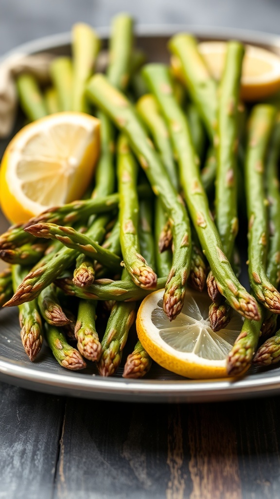 A plate of fresh asparagus spears with lemon slices